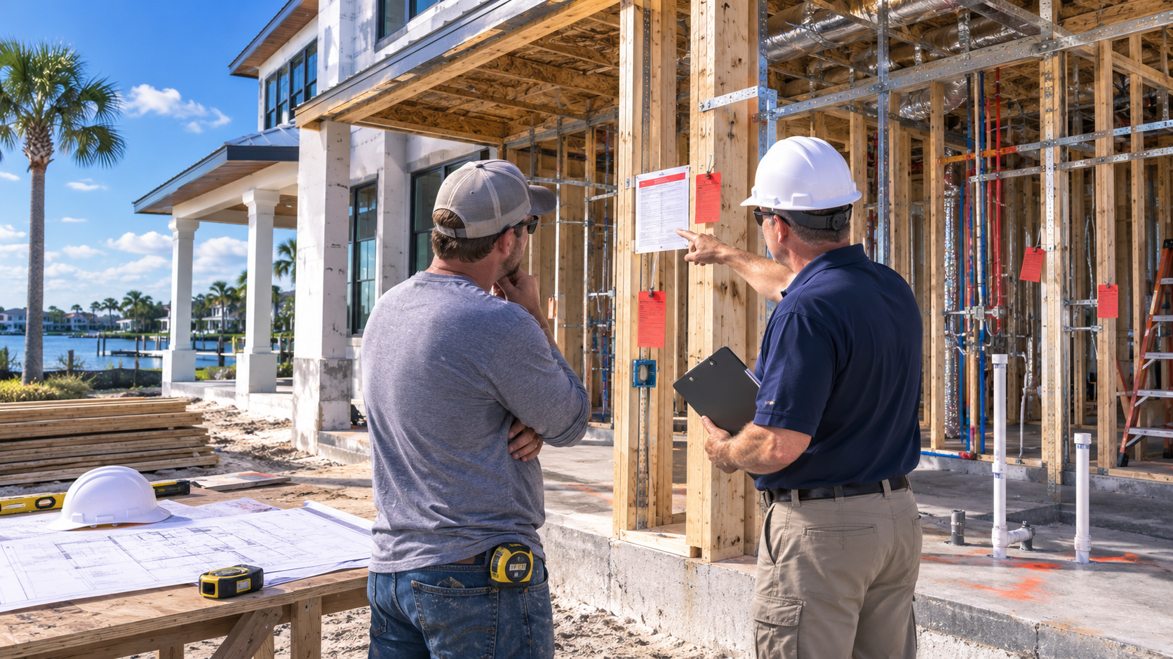 Custom Built Homes Inspection Failures in Jacksonville: The Six That Stop a Build, and How to Pass First Time Custom built homes inspection failures being reviewed at a framing inspection on a new residence in Jacksonville, Florida