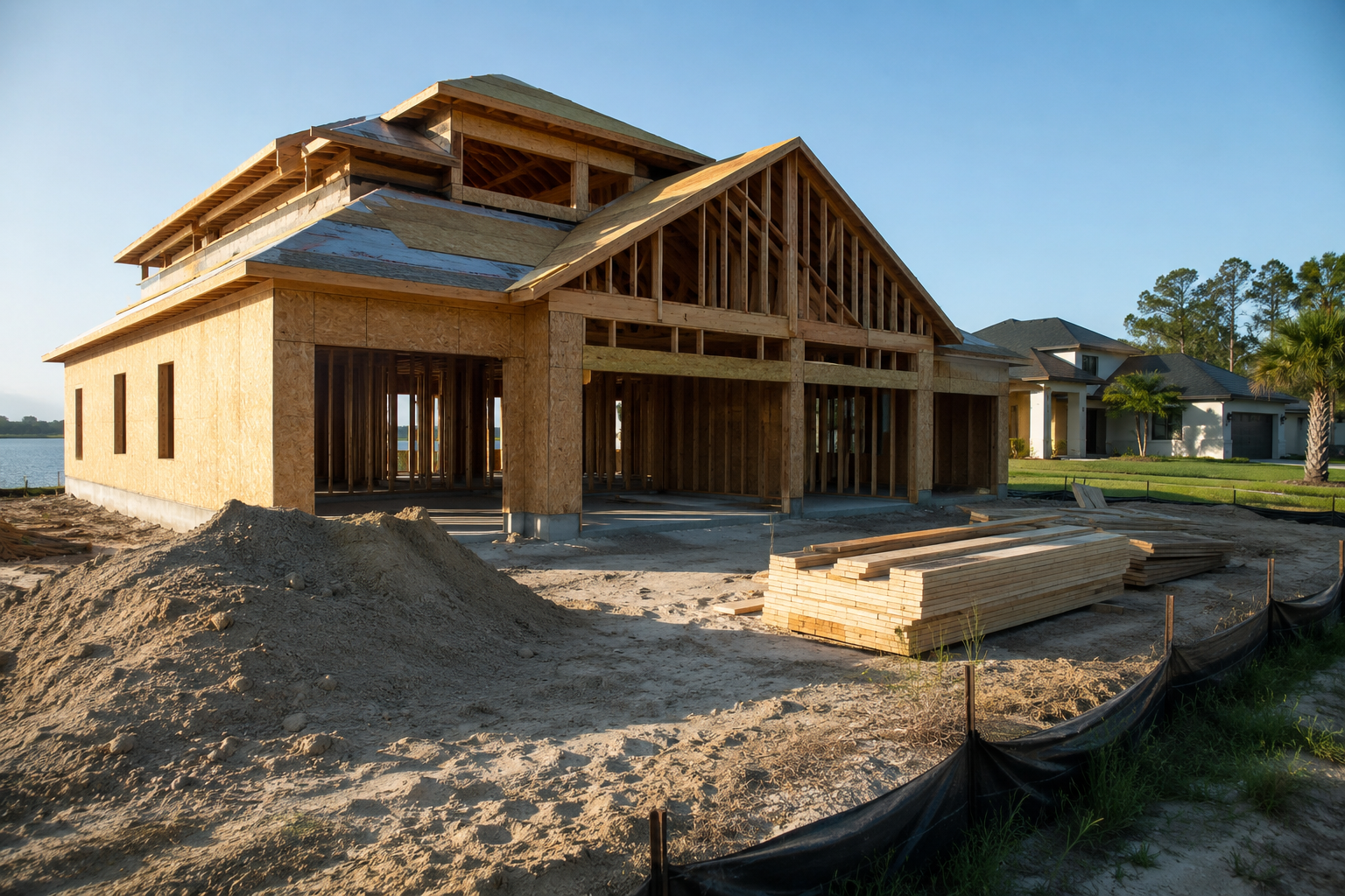 Custom Built Homes Zoning and HOA Rules in Duval and St. Johns County: What Actually Constrains Your Lot Site plan and setback layout staked on a St. Johns County custom home lot before foundation work begins